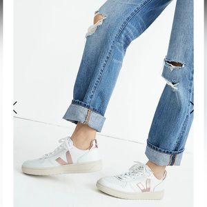Veja Leather V-10 Lace-Up Sneakers in White with Metallic Pink Accents